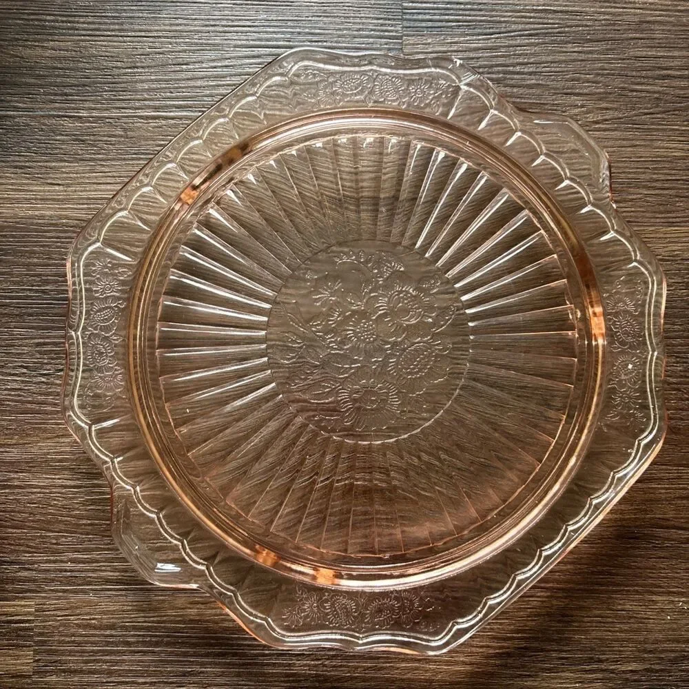 Vintage Pink Depression Glass Granny Cottage Cake Plate Mayfair Open Rose 1930s